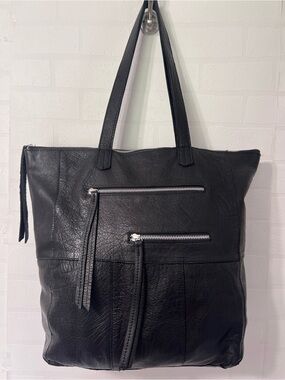 Day & Mood Anthropologie Heather Black Leather Moto Tote Bag Front Zip Pockets
